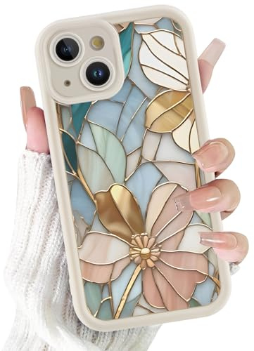 Xylota Cover per iPhone 15, Aesthetic Disegni Moda Beige Silicone Custodia con Fiori Motivo, TPU Donna Sottile Morbido Antiurto Bumper Protettiva Case Custodie per iPhone 15 6,1'' - 01