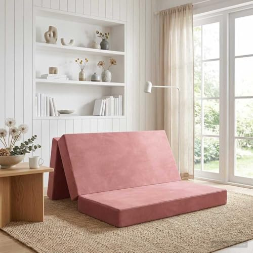 Runheo Fällbar soffa säng 140 x 67 x 45 cm rosa sammet vikbar 2-i-1-soffa med avtagbart överdrag andas vändbar ergonomisk för sovrum gästsäng