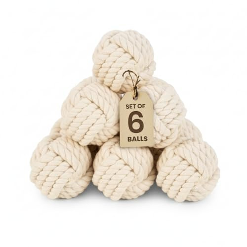 Set of 6 Decorative Nautical Cotton Rope Balls – Handmade Rustic Knot Spheres – for Coastal Home Decor, Bowl Fillers, Tray Styling, Wedding Centerpieces, or Housewarming Gift Idea