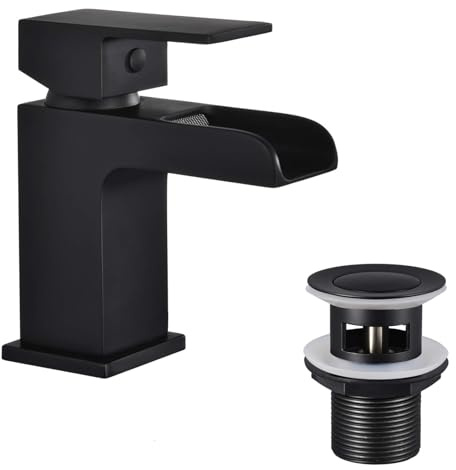 Funime Basin Mixer Taps Black Square with Slotted Pop-up Waste Waterfall Bathroom Sink Tap Brass Single Lever G1/2’’ with Hoses Semi-Open Hot and Cold Water Mixers Monobloc Modern