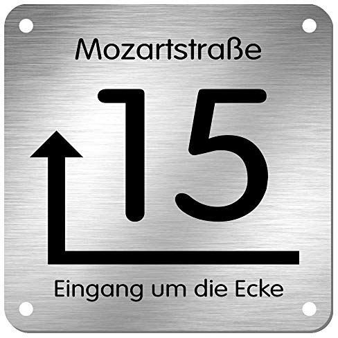 Edelstahl Hausnummer Namensschild Hinweisschild mit Pfeil und individueller Laser-Gravur * Modell 15 Eingang um die Ecke (100 mm x 100 mm)