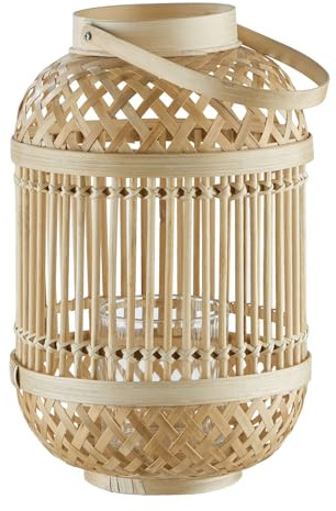 BUTLERS Laterne ø 20x30 cm Bambus Glas - Bamboo Nights - | Farbe Braun - Windlicht für Esstisch oder Treppe - Lampion für Balkon, Garten oder Terrasse - Kerzenlaterne mit Henkel