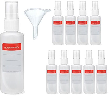 10 x 50 ml HDPE-Sprühflaschen mit Zerstäuber und Trichter | Kompakte Leerflaschen mit weißem Fingerzerstäuber und Überkappe, inklusive Mini-Trichter und Beschriftungsetiketten.