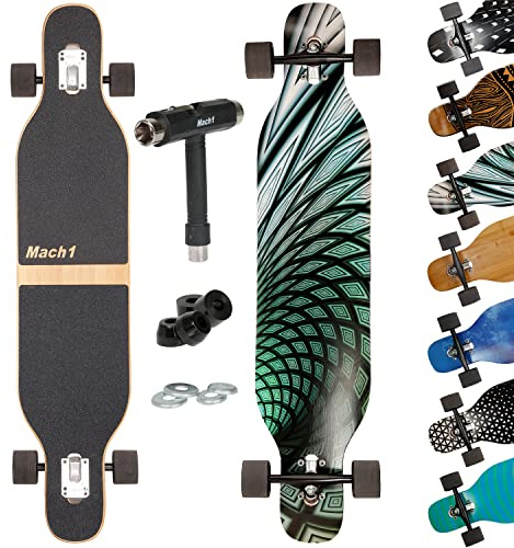 Mach1 Bambus Longboard mit Keramik Kugellager + T-Tool - Skateboard Drop Through Camber Cruiser Komplettboard