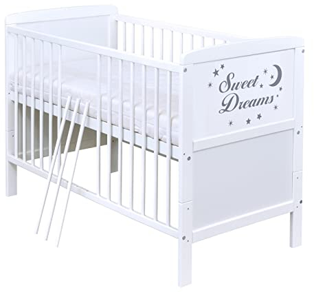 Baby Delux Babybett Kinderbett umbaubar zum Juniorbett weiß 140x70 Matratze mit Motiv Sweet Dreams (mit Komfortmatratze 140x70x9 cm)