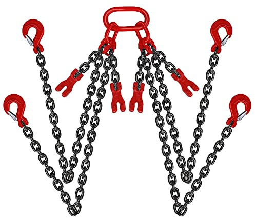 SCIEO Chain Sling 5/16 Inch x 8 Ft Quad Leg Lifting Chain with 4 Leg Grab Hooks and Adjusters, G80 Heavy Duty Lift Sling Chains for Engine Hoist 5 Ton Capacity,8FT