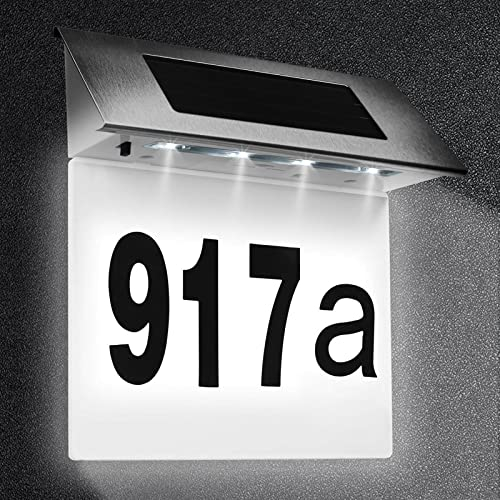 COEKI Numero civico in acciaio inox solare illuminato a 4 LED con interruttore crepuscolare IP65 impermeabile all'aperto con numeri 0-9 e lettere A-H