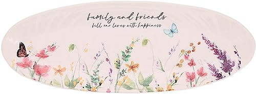 Pavilion Gift Company - Family and Friends Ceramic Tray, Serving Platter, Oval Food Tray, Watercolor Floral/Garden Design, 1 Count, 12 x 4.5 x 1-inch, Multicolor
