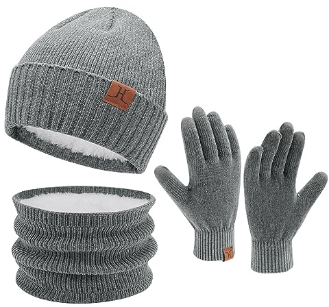 ZASFOU Damen Herren Winter Mütze Schal Touchscreen Handschuhe Set Thermo Chenille Beanie Wintermütze Loop Schal Schlauchschal Winterhandschuhe Geschenk für Männer Frauen