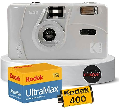 Reusable Film Camera Bundle includes Kodak M35 35mm Film Camera, Kodak 35mm film 36 exposures and Clikoze Tips Card (Grey)
