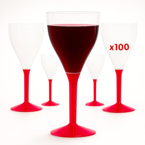 Table'Colors Lot de 100 Verres A Pied Lavable et Reutilisable - Emboitage Parfait, Grande Stabilité, Idéal Mariage, Anniversaire, Réceptions - Contenance 16cl (Rouge)