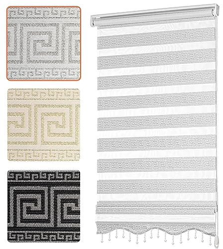 Doppelrollo mit Muster Mäander Deko Griechische Welle Ornament Motiv Klemm Duo Rollos für Fenster Innen ohne Bohren Weiß Silber 50x200 cm