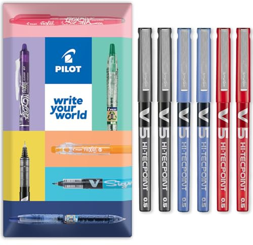 Pilot V5 Hi-Tecpoint Tintenroller, feine 0,5 mm Spitze, 6 Stück (Schwarz, Blau, Rot)
