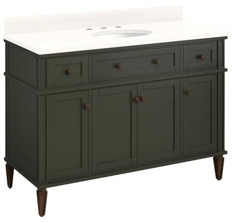 Signature Hardware 954001-48-UM-8 Elmdale 48 Freestanding Mahogany Single Basin Vanity Set with Cabinet, Vanity Top, and Oval Undermount Sink - 8 Faucet Holes - Dark Olive Green/Arctic White