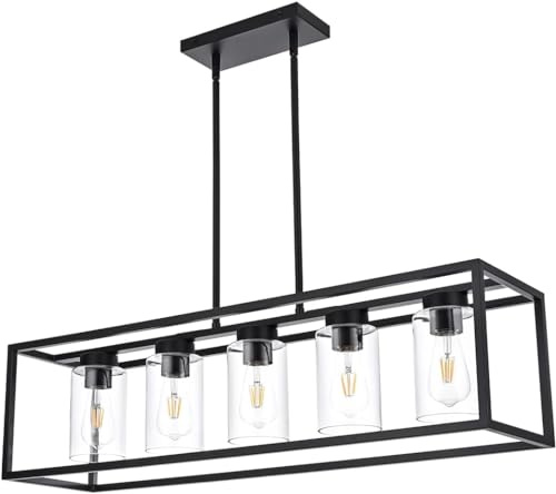 A1A9 Bauernhaus Kronleuchter für Kücheninsel, mattschwarze Esszimmer Beleuchtung, moderne rechteckige Pendelleuchten Kronleuchter mit Klarglas Schirm (Schwarz, 5-Licht)