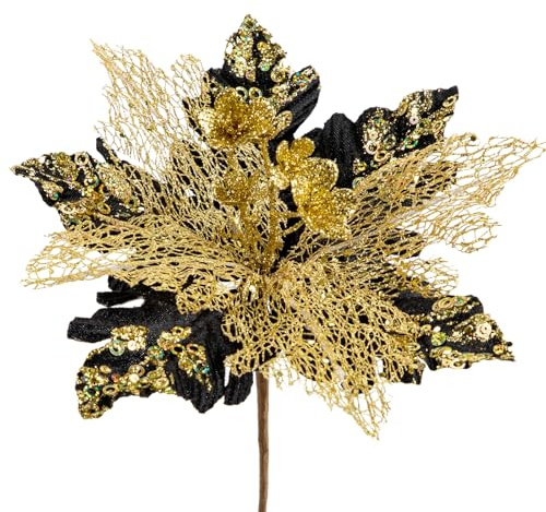 Arborus 6 Stück Kunstblumen Schwarz Künstliche Weihnachtsblumen Weihnachtsstern Weihnachtsdeko Glitzer Blumen Weihnachten Blumen für Tannenbaum Kranz Christbaum Deko Weihnachten Schmuck