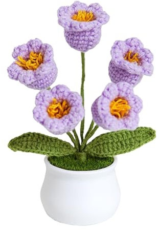 KEFSR Simpatici Mughetti Lavorati a Maglia in Vaso, Mini Fiori Fatti a Mano all'Uncinetto, Orchidea Campana Artificiale in Vaso Finita per Ornamento di Auto, Decorazioni per la Casa e(Viola 5 Teste)