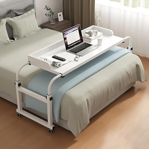 Verstellbarer Betttisch mit Rollen, mobiler King-Queen-Laptoptisch zum Essen im Bett mit Verstellbarer Länge und Höhe (140 cm, weiß)