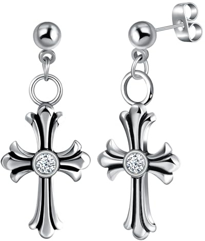 Yumilok Herren & Damen Kreuz Ohrstecker Creolen Ohrringe - Edelstahl mit Zirkonia - Unisex - Silber
