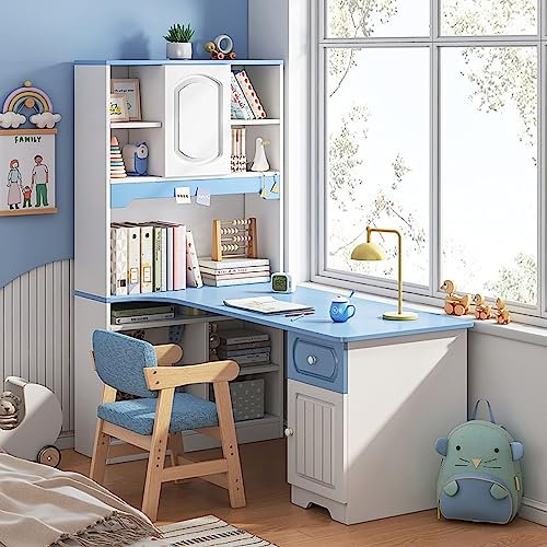 IMYOGI Exquisiter L-förmiger Schreibtisch, Computertisch mit Schubladen, Bücherregal und Aufsatz, moderner Eckschreibtisch, Home-Office-Arbeitstisch, Schreibtisch für den Einsatz in der Heimschule