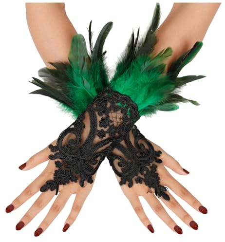 keland Damen Schwarz Feder Spitze Fingerlose Lange Handschuhe für Hochzeit Halloween Maleficent Kostüm