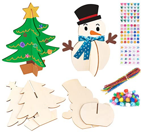 Homewit 3D Bastelset Weihnachten Kinder, 3D-Weihnachtsbaum Bastelset und 3D-Schneemann aus Holz Weihnachtsdekoration, DIY Basteln Weihnachten Kinder, Holzanhänger zum Bemalen - 4 Stile