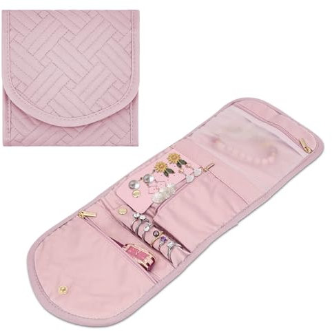 AfitLulu Pieghevole Rotolo per Gioielli Borsa Rotolo, Portagioie da Viaggio Morbido Donna, Portatile Organizer Gioielli Porta Gioielli Organizzatore per Orecchini Anelli Collane Gioielli (Rosa)