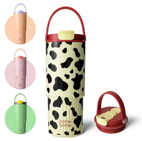 BOTTLE BOTTLE Tasse isotherme avec paille et poignée pour école, voiture, sport, maison, bureau, Mug voyage 750 ml (vache)