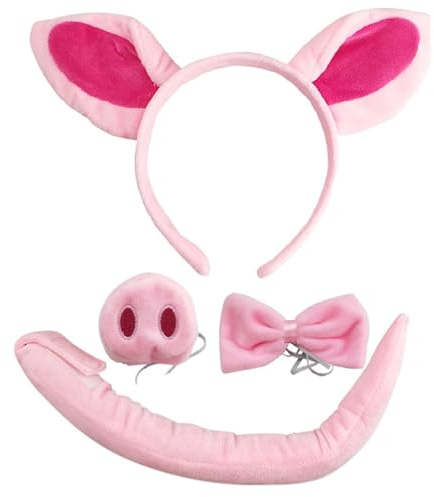 Namvo Schweinchen-Kostümset: Niedliches Cartoon-Plüschschweinchen-Haarband mit rosa Schweineohren-Stirnband, Schweinchen-Ohrringen, Schwanz, Nase und Schleife – ideal für Sitcom-Auftritte und Ver
