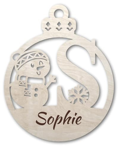 Urhome Weihnachtskugel personalisiert mit Wunschtext Gravur Buchstabe S mit Schneeman Motiv Hell Braun - Ornament Christbaumschmuck Weihnachtsdeko Weihnachtsbaum Anhänger aus 6,5mm Holz