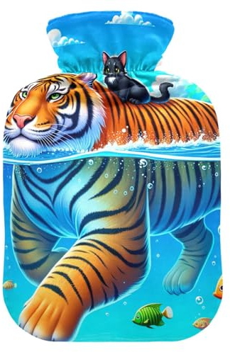 Wärmflaschen mit weichem Bezug, Motiv: Tiger und Katze, Blau