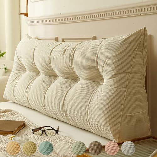 Rückenkissen Bett Beige 150cm, Groß Lesekissen für Bett und Sofa, Cord Bettkissen Rückenlehne Rückenpolster Keil Kopfteil Kissen, Dreieckige Rückenstützkissen Keilkissen Lendenkissen Kopfkissen