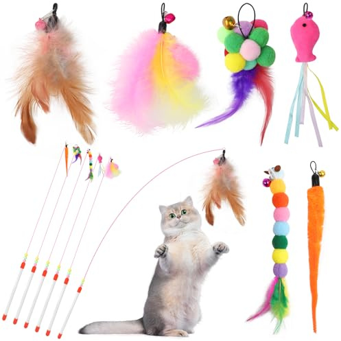YFLeomry Katzenangel Stabil 12 Stück mit 6 STK Versenkbare Katzenspielzeug Feder und 6 STK Katzenspielzeug Angel mit Glocken, Interaktives Katzen Angel Spielzeug Katzenspielzeugs Set für Kätzchen