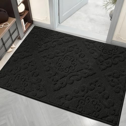 COSY HOMEER Fußmatte Innen 80 x 120 cm, Schmutzfangmatte Schwarz | Dezentes florales Reliefmuster, waschbar und rutschfest, saugfähiges Polyester, für Flur und Haustür