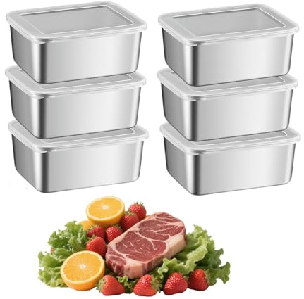 Spalivivre 6 Stück Frischhaltedosen mit Deckel, Edelstahl Behälter mit Deckel, Wiederverwendbar und Stapelbar, Aufschnittboxen für Kühlschrank, Aufbewahrungsbox Küche für Käse, Obst, Salate