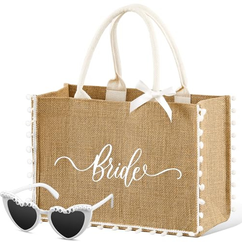 Weewooday Set 2 Regalos de Novia Bride Bolso Tote Nupcial de Yute 35 x 25 x 13 cm con Lazo Bride To Be Gafas de Sol Nupcial en Forma Corazón Accesorios para Boda Despedida de Soltera Mujer (Pompón)