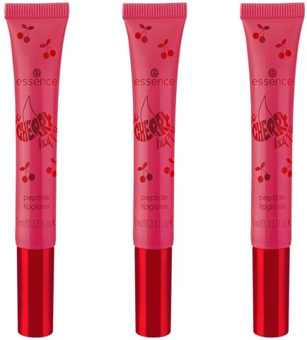 essence SO CHERRY happy peptide lipgloss, Nr. 01, Rot, feuchtigkeitsspendend, glänzend, strahlend frisch, vegan, ohne Parabene, ohne Mikroplastikpartikel, Nanopartikel frei, 3er Pack (3x10ml)
