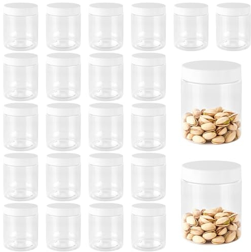 PUCSIQ 24 tarros de plástico redondos herméticos 250 ml con tapa, recipientes transparentes sin BPA para alimentos, especias y manualidades