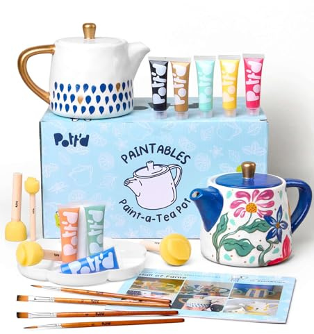 Pott’d Paintables Teekanne zum Bemalen – DIY-Keramik-Bemalen-Set für Erwachsene mit Teekanne, Farben, Pinseln, Schwämmen, Palette und Anleitung – Kreativset für Anfänger, Ideal für Teeliebhaber