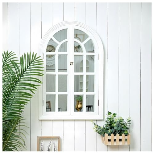 Decoración de pared de ventana arqueada de madera envejecida, panel de espejo estilo granja para sala de estar y dormitorio, mejora estética