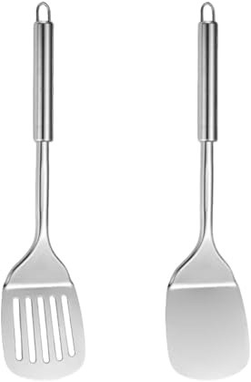 2-Piece Stainless Steel Spatulas Set - ShiningUU Silver Slotted Turner & Solid Turner, Metal Spatula for Fish Slicer, Eggs, Pancakes, Heat Resistant, Dishwasher Safe, Easy to Clean, Kitchen Essentials