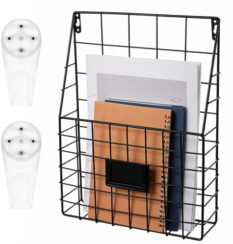 AojSup 1 Pc Storage Racks, Metal Wire Wall Mounted Magazine Holder, Wall Hanging Organizer holder for Mail Files, Newspapers, Magazines with Tag Slot for Office, Home Organization, Black