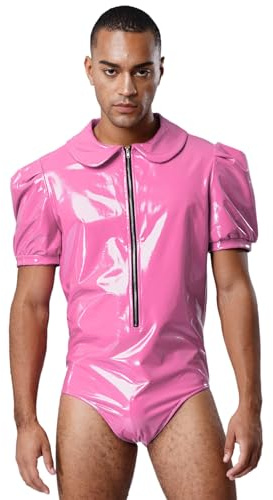 Fldy Herren Wetlook Bodysuit Dienstmädchen Kostüm Lack Leder Sissy Maid Outfit Body Fasching Karnevalskostüm Pink M