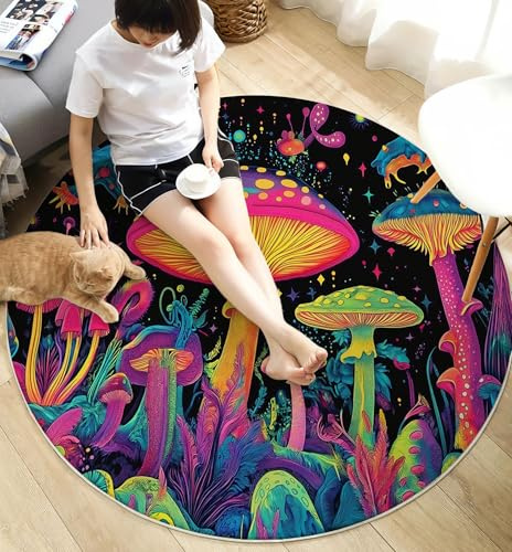 Alfombra de Pelo Corto, Redonda, diámetro de 60cm, Azul y Rosa, Amarillo y pequeño patrón de Hongos y helechos, para habitación de los niños, Plantas fantásticas, pequeña