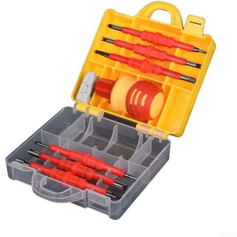 Jeu de 14 tournevis à cliquet isolés avec fente et embouts cruciformes - Outil à main d'électricien pour travaux électriques - Acier au chrome-vanadium - 14 pièces