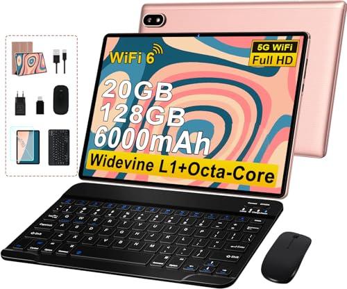 Tablette Android avec 5G+2.4G WiFi 6, 20Go RAM+128Go ROM(TF/1To), Tablette 10 Pouces avec Octa-Core, 6000mAh, GMS Certified, Widevine L1, 5MP+8MP, BT5.0, Tablette Tactile avec Clavier+Souris+Cas