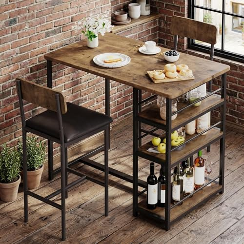 Koioplie Essgruppe 3-teilig für 2 Personen – Bartisch mit 2 gepolsterten | Stühlen & 3 Ablagefächern, platzsparendes Küchenmöbel für kleine Räume & Apartments, Vintage Stil – Farbe: Vintage, Variante: