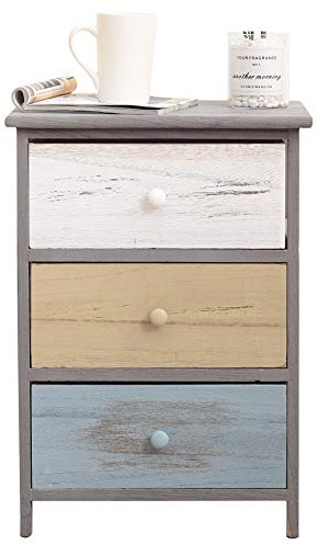 Rebecca Mobili Mesita de Noche Vintage, cómoda con 3 cajones, Madera de paulonia, Gris Beige Azul, Sala de Estar- Medidas: 56 x 40 x 29 cm (AxANxF) - Art. RE4883