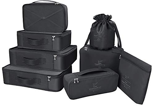Koffer Organizer Reise Kleidertaschen 8 Sets/7 Farben Travel Gep?ck Organisatoren enthalten wasserdichte Schuh-Aufbewahrungsbeutel bequeme Kompressions Beutel f?¡ì1r Reisende (Schwarz)