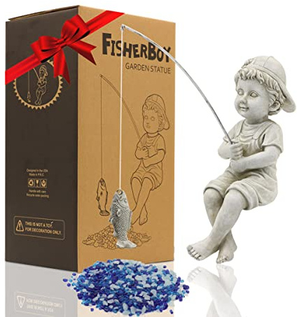 Goodeco Statue de pêcheur pour décoration de Jardin – Petit pêcheur de 27,9 cm pour étang ou Cascade de carpes koï, Statue au Bord de la Piscine avec Galets phosphorescents Inclus, Excellent Cadeau